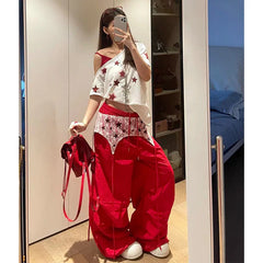 Red Baggy Parachute Pants Oversize Cargo Pants Harajuku Japanese Y2k Gyaru Vintage Trousers Clothes