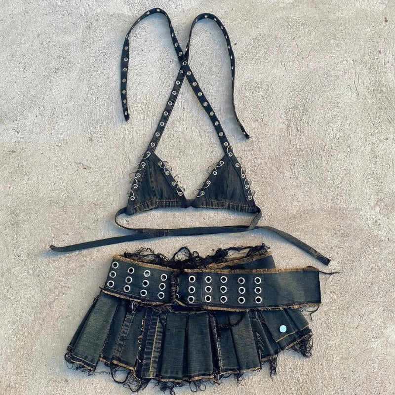Retro Street Washed Denim Two-Piece Skirt Set Hip Hop Harajuku Goth Halves Neck Top Mini Pleated Skirt Trendy Set