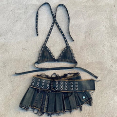 Retro Street Washed Denim Two-Piece Skirt Set Hip Hop Harajuku Goth Halves Neck Top Mini Pleated Skirt Trendy Set
