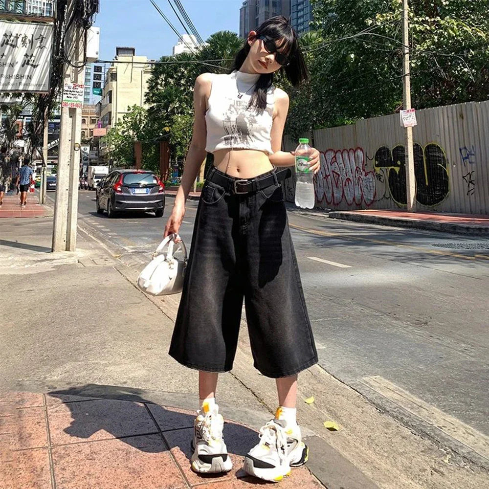 American Style Vintage Baggy Jeans Y2k Loose Washed High Waist Knee Length Denim Pants Streetwear Wide Leg Shorts