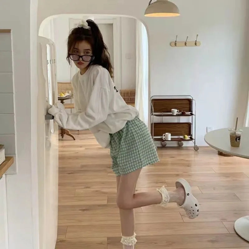 Loose Plaid Shorts Ins Style Shorts High Waist Slimming Wide Legs Casual Home Pants Outdoor Wearing Walking Shorts