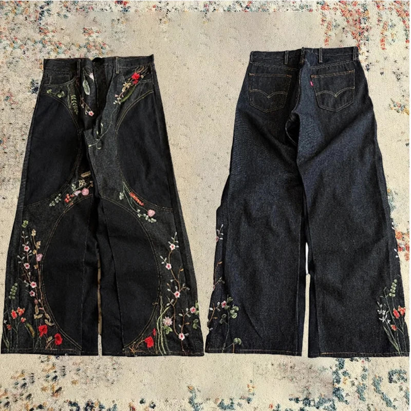 Y2K Baggy Jeans vintage splicing Floral Seams Embroidery Streamlined Jeans 2000s Harajuku goth Hip Hop wide leg jeans