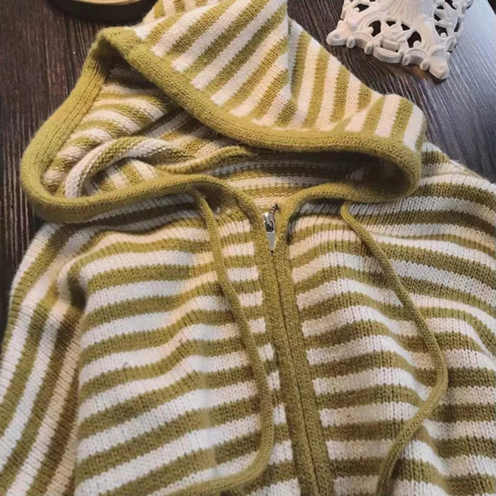 Oversized Knitted Striped Hooded Cardigan Loose Casual Zipper Sweaters Versatile Knitting Outerwear