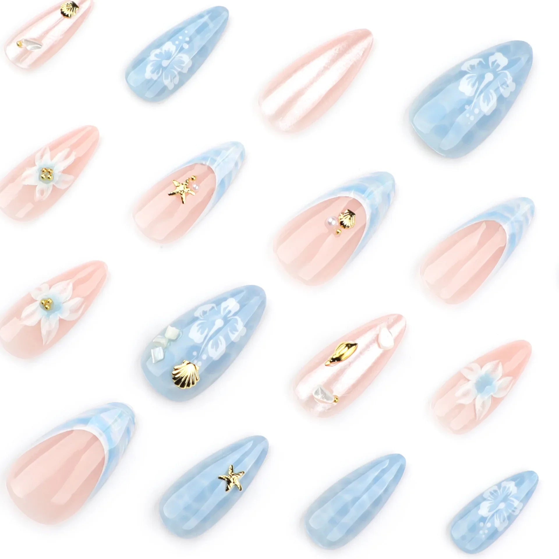 24pcs Light Blue False Nails Beach Style Seashell Starfish Flower Pattern Press On Nails Smudging French Almond Fake Nail