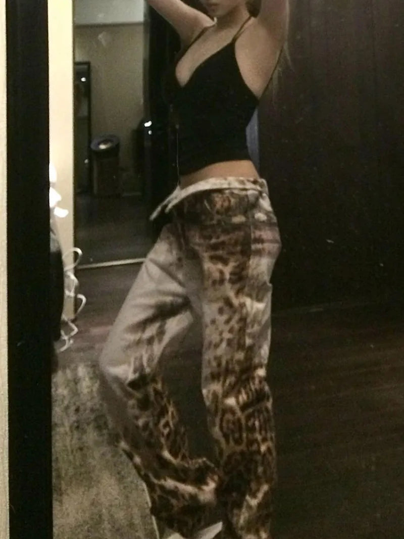 American Retro Leopard Print Gradient Wash Jeans Y2K Street Hip Hop Old Trousers Casual High Waist Straight Denim Pants