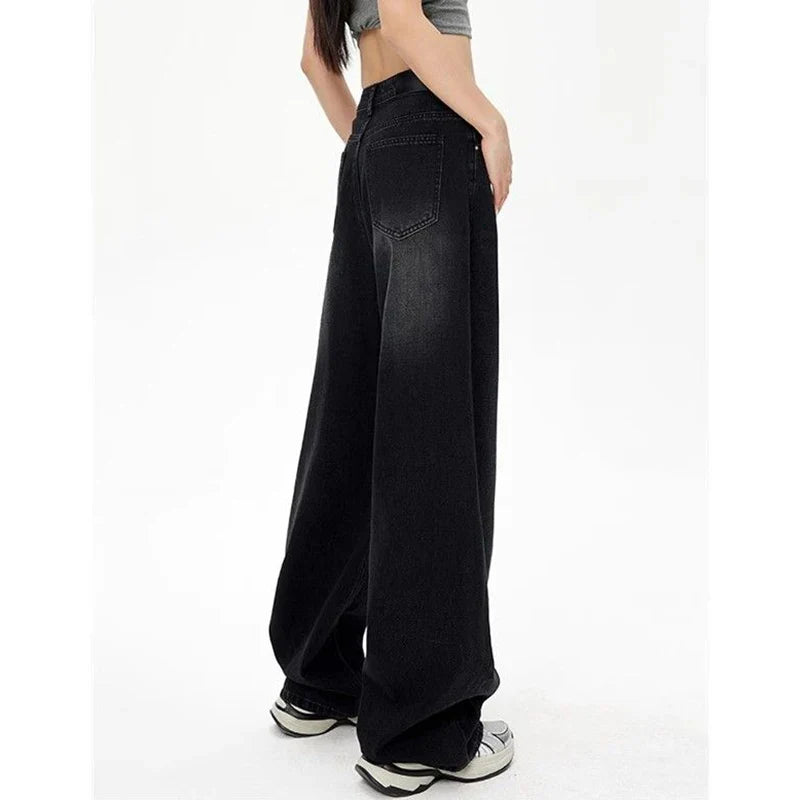 Lady Retro Black Gray High Waist Jeans Straight Leg Denim Trousers Girls Loose Fit Thin Casual Pants