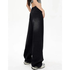 Lady Retro Black Gray High Waist Jeans Straight Leg Denim Trousers Girls Loose Fit Thin Casual Pants