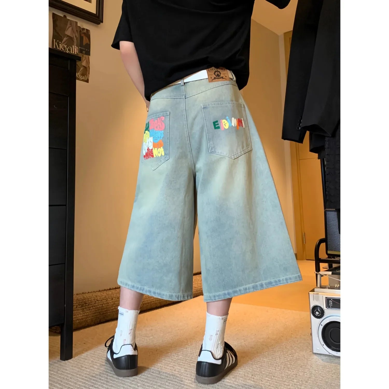 American Retro Jeans Y2K Harajuku Hip Hop Gothic Retro Pocket Embroidered Blue Baggy Jeans Low Waist Wide Leg Trousers