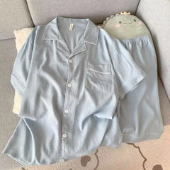 Luxury Pajama Set Solid Color Short Sleeve Lapel Top