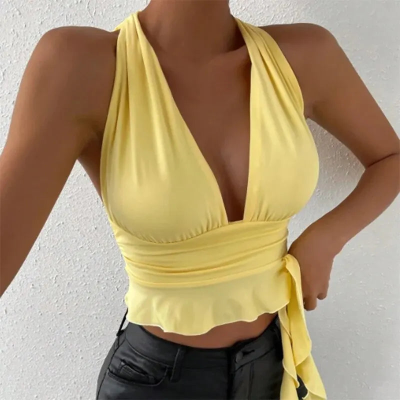 Tight Fitting Deep V-neck Pleated Top Tight Fitting Beach Resort Nightclub Model Tigh