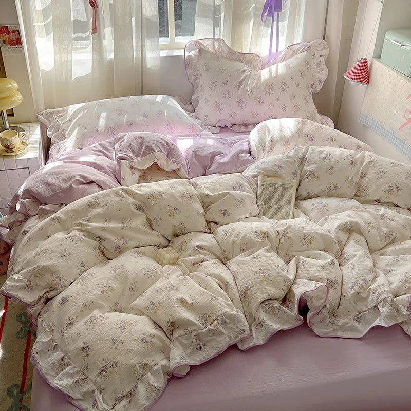 Ruffles Bedding Set Floral Style Duvet Cover Pillowcase with Bedsheet Skin-friendly Bed Linen Set Girls Room Bedclothes 이불세트
