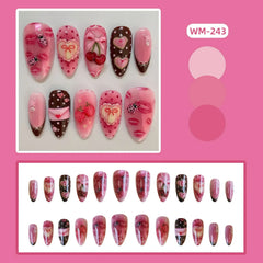 24pcs Sweet Letter Press On Nails Cute Cherry Bowknots Ladybug Strawberry Decor False Nails Blush Pink Almond Fake Nail