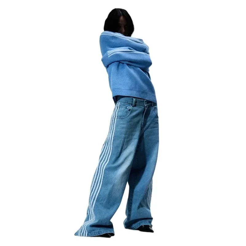 Y2K Baggy Jeans Embroidered Striped Harajuku Sweatpants Hip Hop streetwear Casual wide leg Denim Pants