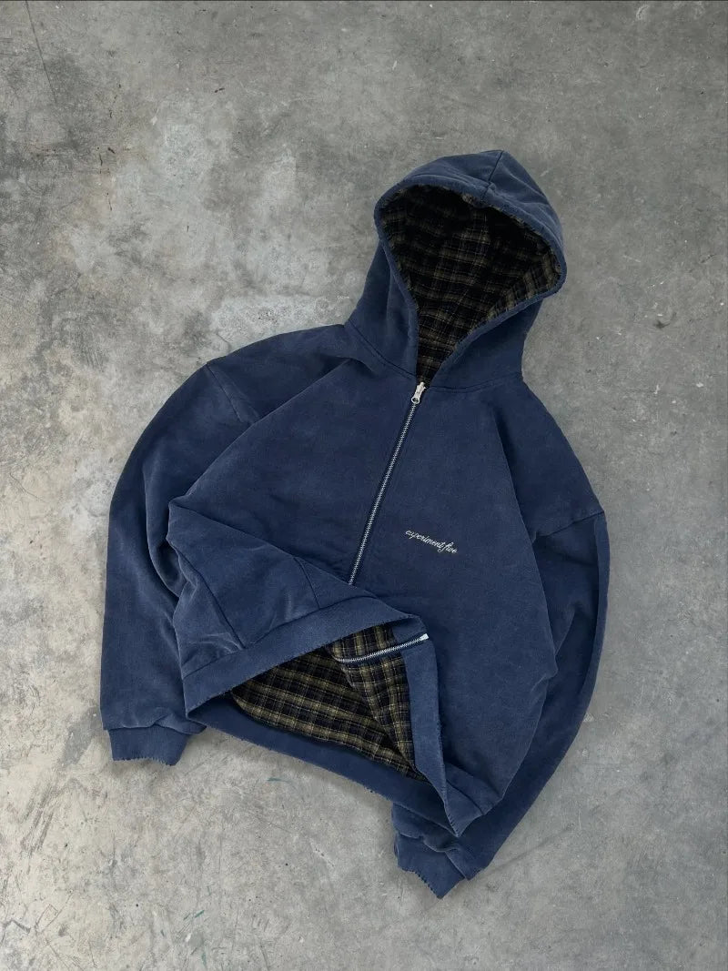 Korean Simple Blue Double-Sided Oversized Zipper Hoodie Y2K Harajuku Gothic Casual Joker Couple Street Wear