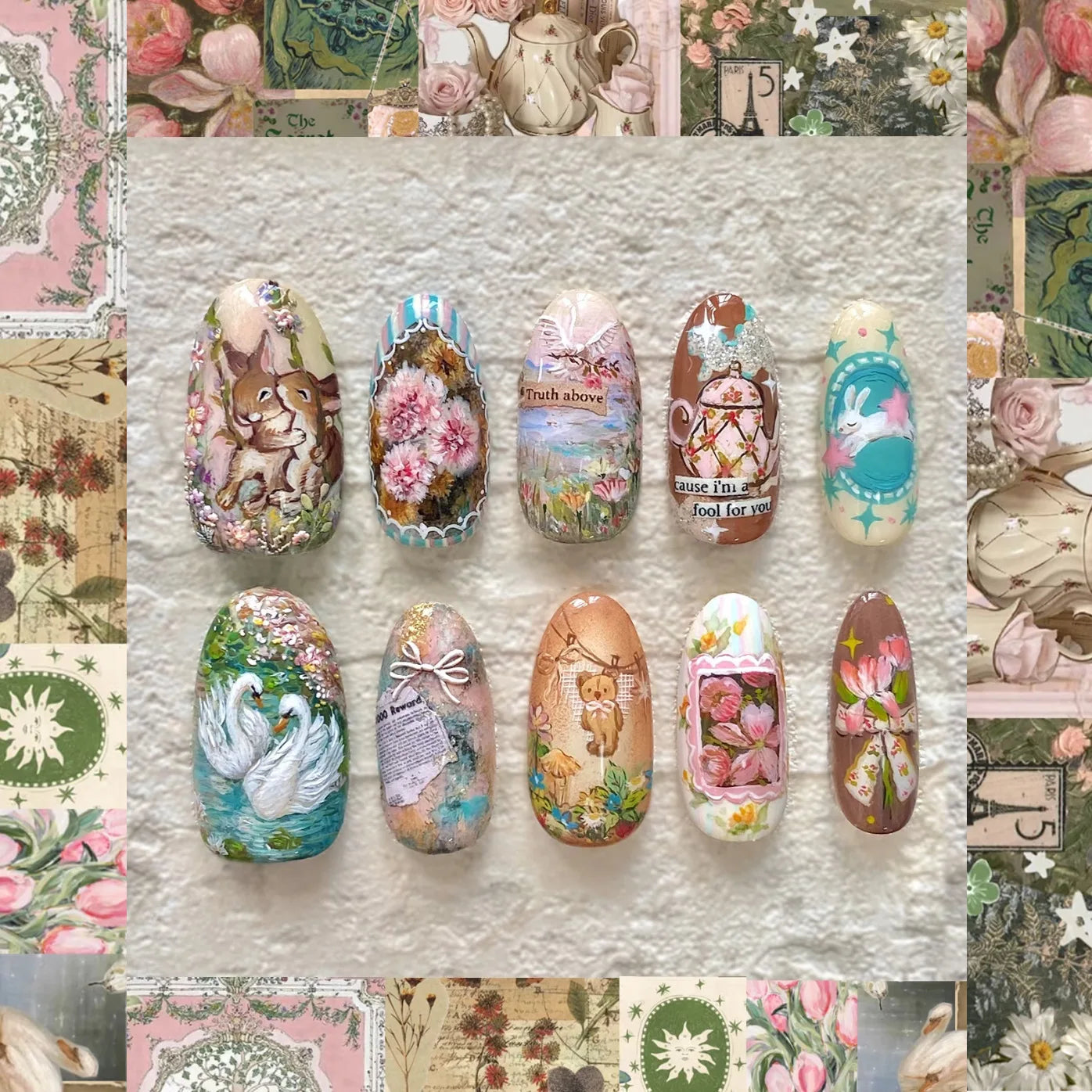 24pcs Flower Print Press on Nails Wine Red Blush Almond False Nail Tips Wearable Reusable Spicy Girl Fake Nails