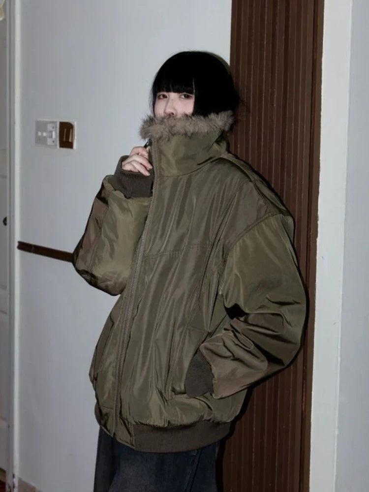 Elegant Fur Colloar Loose Coat Y2k Warm Hoodies Thicken Parkas Casual Outerwear Cotton Padded Jackets