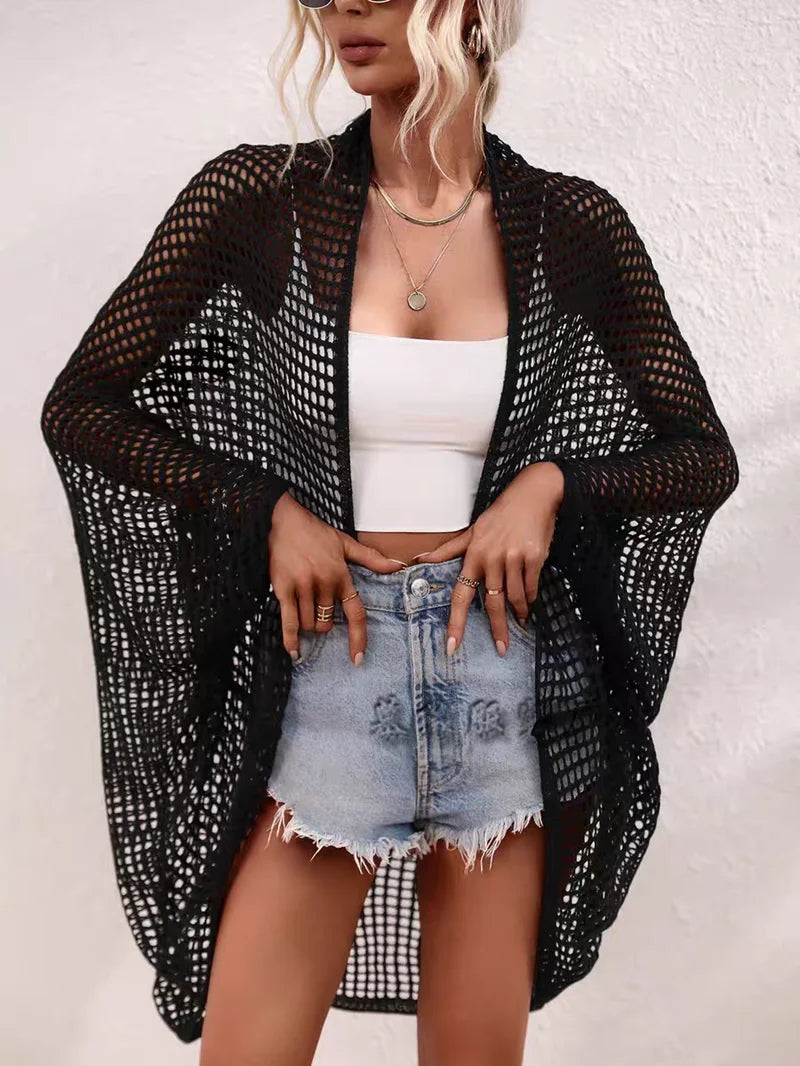 Openwork Open Front Longline Cover Up Crochet Knit Cardigan Sweater