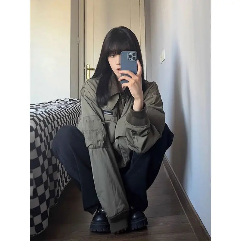 Retro American Short Coat Long Sleeve Casual Safari Style Japanese Y2k Bomber Jacket Pure Color Jacket Chic Tops