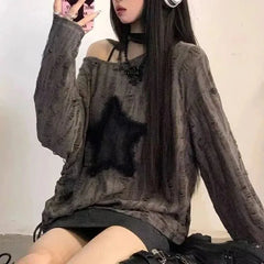 Y2K Hole Star Print T-Shirt Streetwear Off Shoulder Tops Oversized Kpop Long Sleeve Loose Tees Ladies New