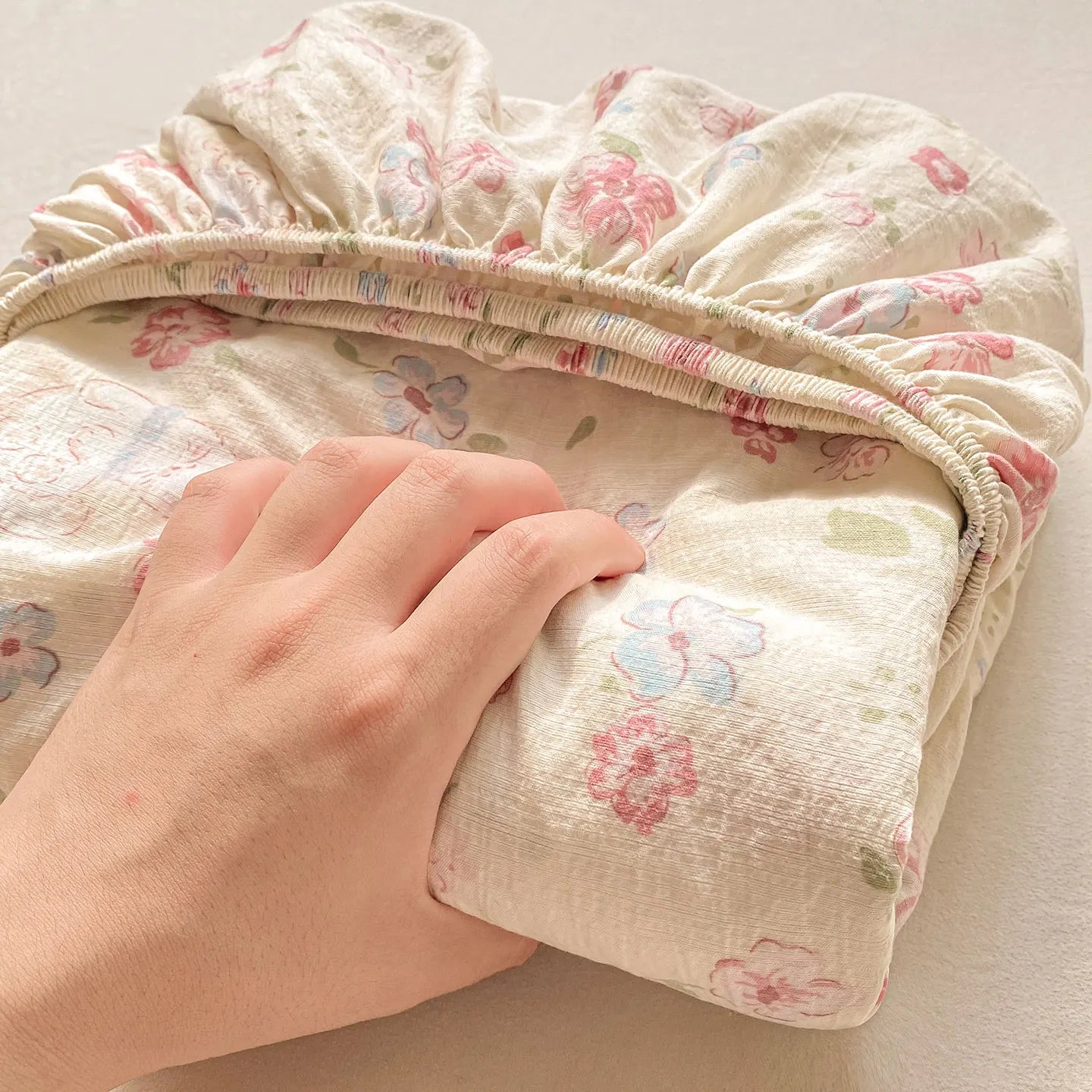 Washed Cotton Fitted Sheet with Elastic Bands Non Slip Adjustable Mattress Cover Printed Pure Cotton