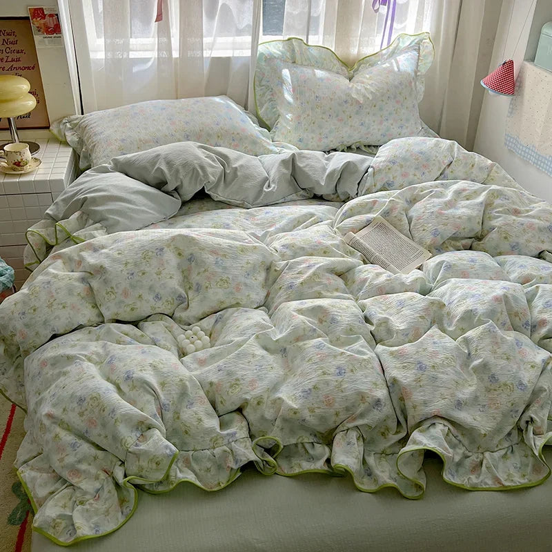 Ruffles Bedding Set Floral Style Duvet Cover Pillowcase with Bedsheet Skin-friendly Bed Linen Set Girls Room Bedclothes