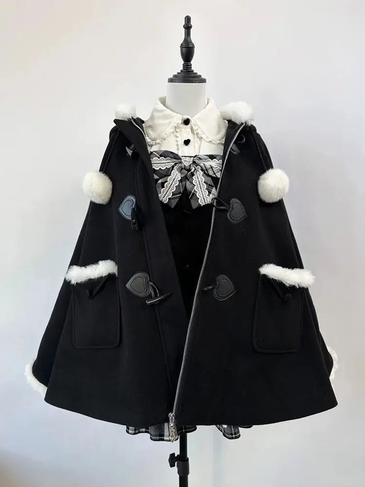 Black Cape Coat Loose Hooded Zipper Overcoat Elegant Casual Gothic Christmas Shawl Clothes