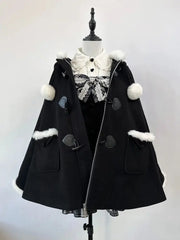 Black Cape Coat Loose Hooded Zipper Overcoat Elegant Casual Gothic Christmas Shawl Clothes