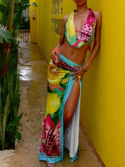 Weird Puss Colorful Leopard 2 Piece Set Y2K Beach Vacation Halter Tank Tops+Wrapped Maxi Skirts Matching Vacation Clubwear