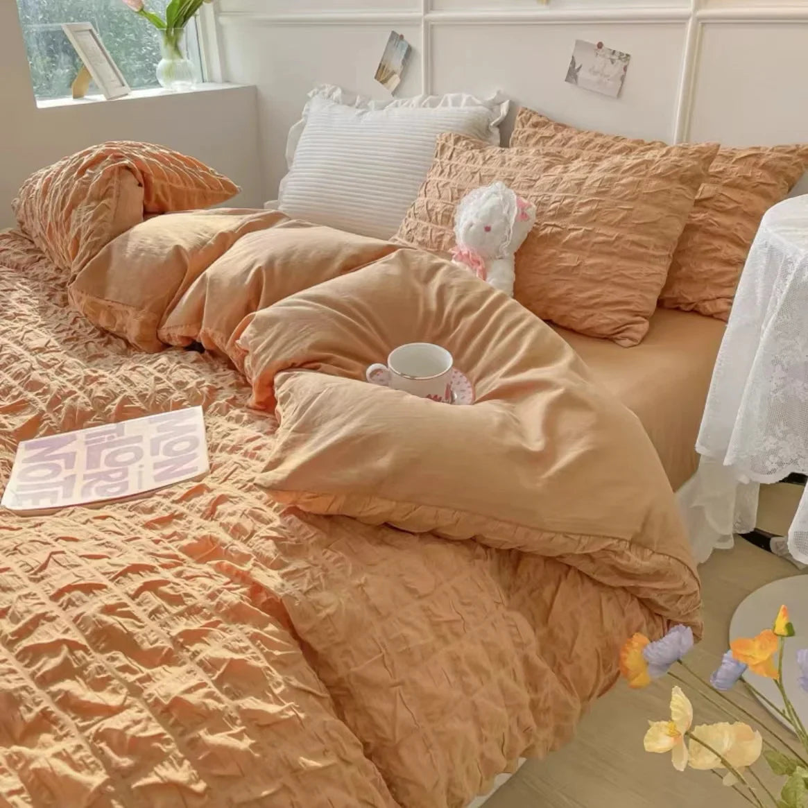 Princess Bedding Set French Style Wash Cotton Solid Color Seersucker SoftBed Sheet Set Comforter Set
