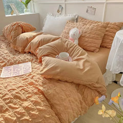 Princess Bedding Set French Style Wash Cotton Solid Color Seersucker SoftBed Sheet Set Comforter Set