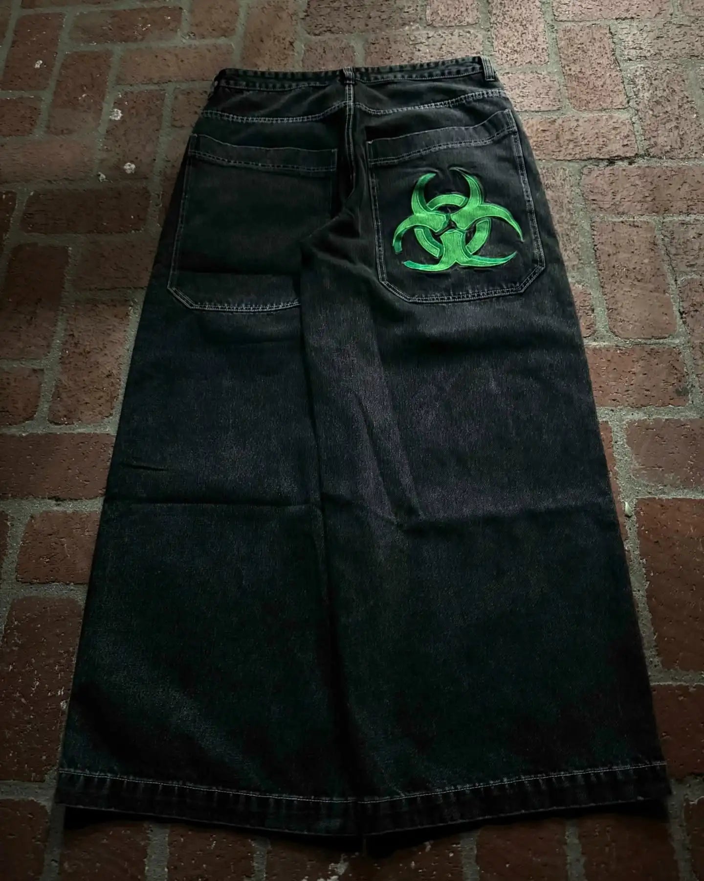 Gothic Cross Print Black Denim Baggy Pants Mid Waist Big Pocket Design Loose Fit Hip Hop Streetwear Jeans
