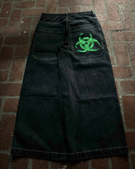 Gothic Cross Print Black Denim Baggy Pants Mid Waist Big Pocket Design Loose Fit Hip Hop Streetwear Jeans