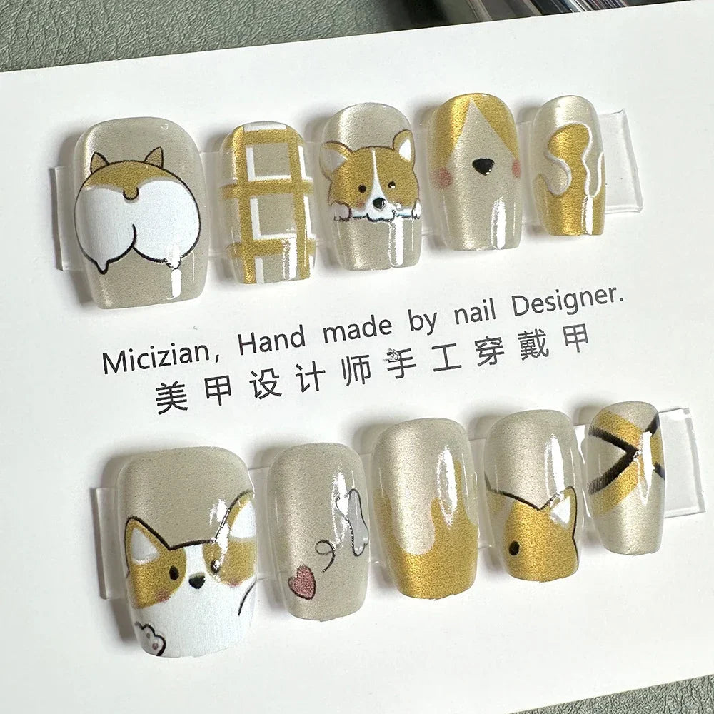 10Pcs Wearable Cat Eyes Series Short Square Press On Nails Kawaii Cartoon Cat Rabbit Rhinestone Gradients Full Cover False Nails