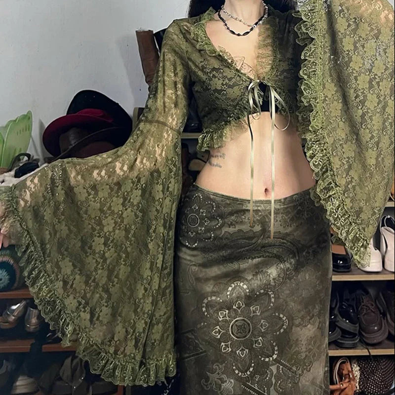 Green Y2K Mori Girl Flared Sleeve Cardigan