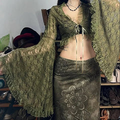 Green Y2K Mori Girl Flared Sleeve Cardigan