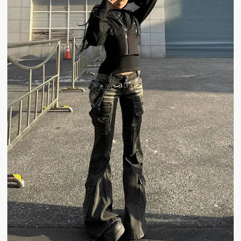 Low Waist Workwear Pants Slimming Floor-Length Bell Bottoms Trendy Y2K Millennium Cargo Trousers Retro American Style