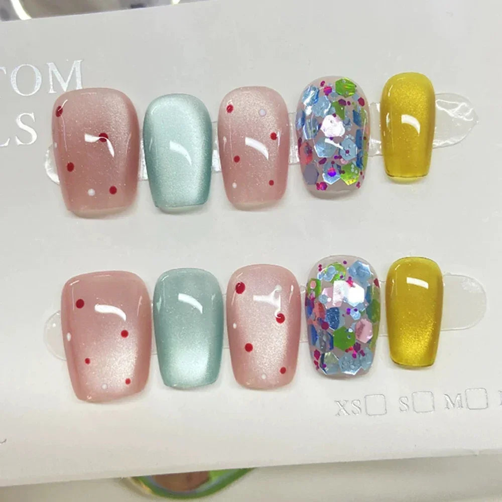Beauty Colorful Short Square Round Detachable Manicure Kawaii Cat Eyes Glitter Sequins Rhinestone Handmade Full Cover Nail Tips