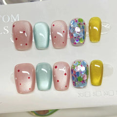 Beauty Colorful Short Square Round Detachable Manicure Kawaii Cat Eyes Glitter Sequins Rhinestone Handmade Full Cover Nail Tips