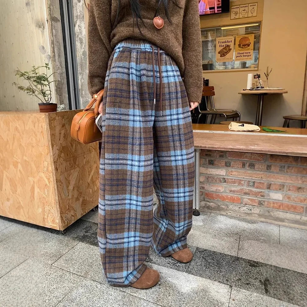 Blue Plaid Thickened Woolen Casual Pants Style Straight Leg Wide Leg Floor Length Trousers Trendy Long