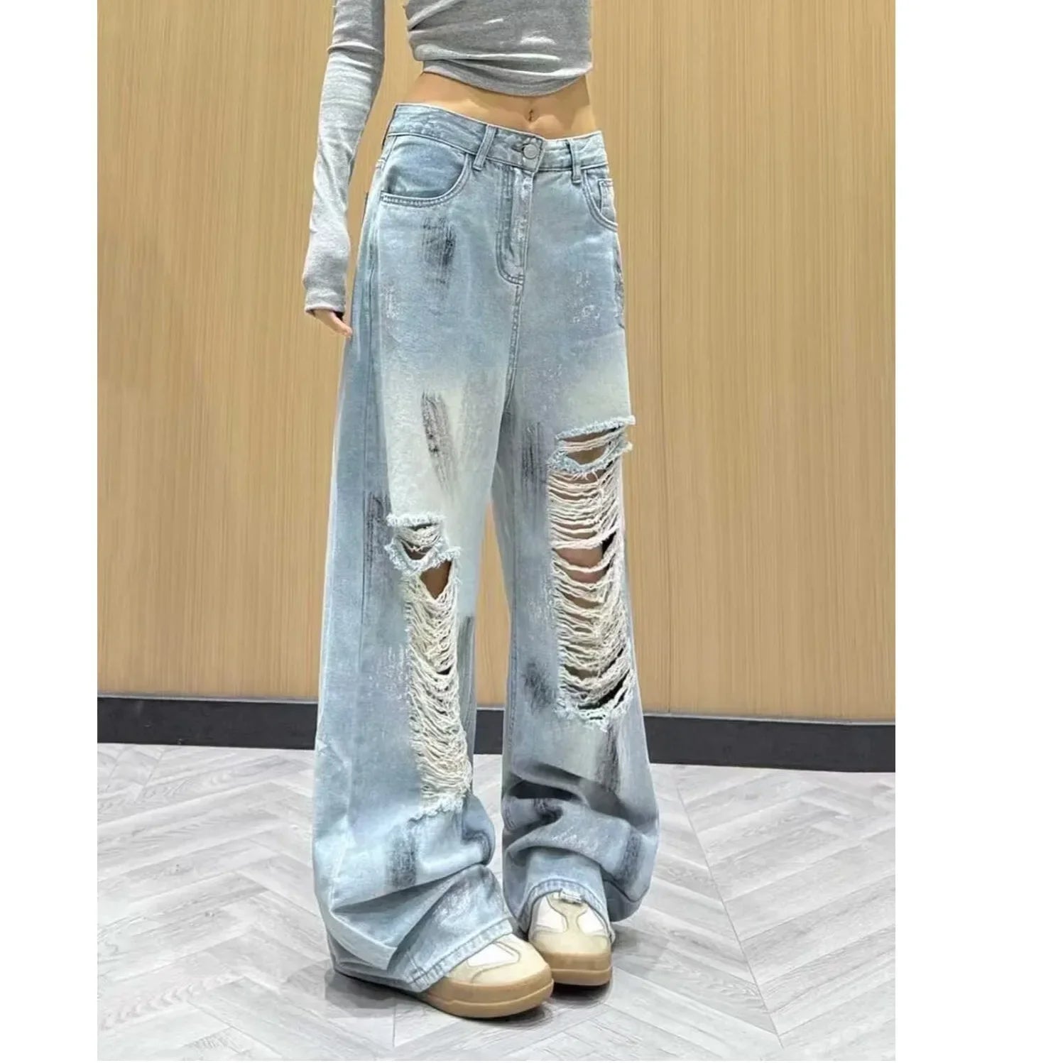 High Waist Wide Leg Denim Jeans Style High Street Hole Design Slimming Long Trousers Trendy
