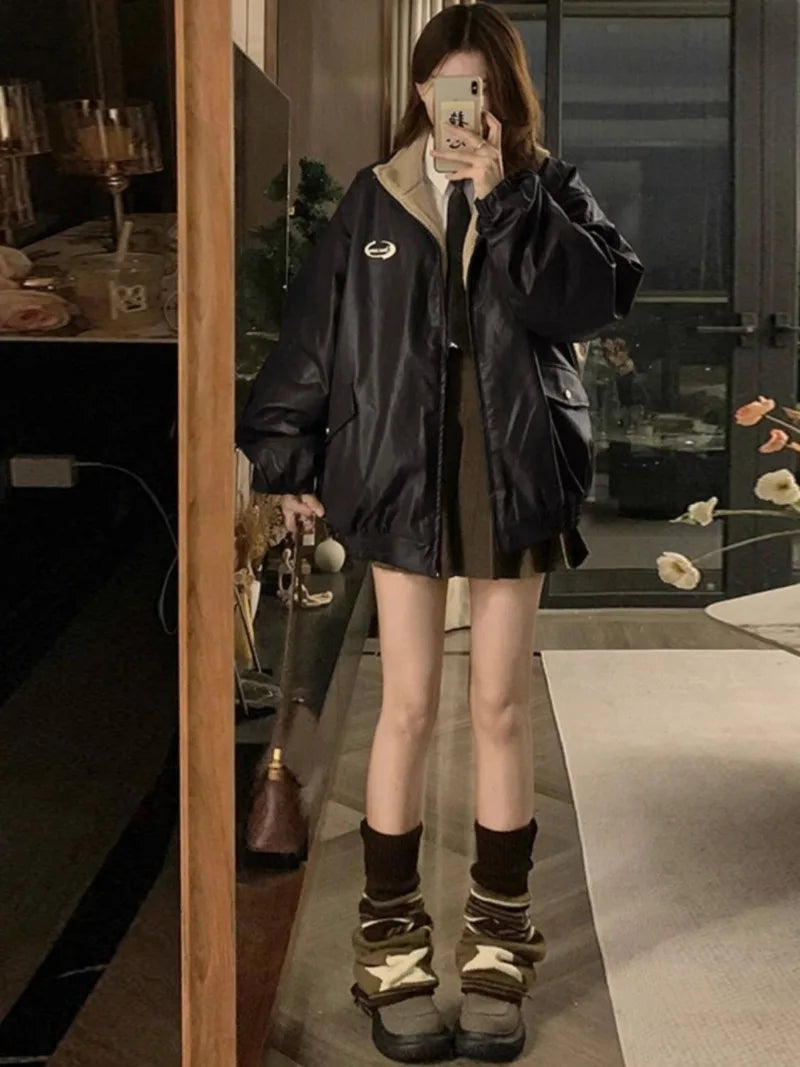 Maillard PU Leather Jacket With Lambswool Coat Both Sides Y2K Velvet Locomotive Cotton-padded Jacket