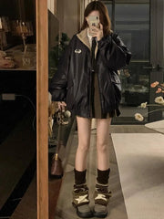 Maillard PU Leather Jacket With Lambswool Coat Both Sides Y2K Velvet Locomotive Cotton-padded Jacket