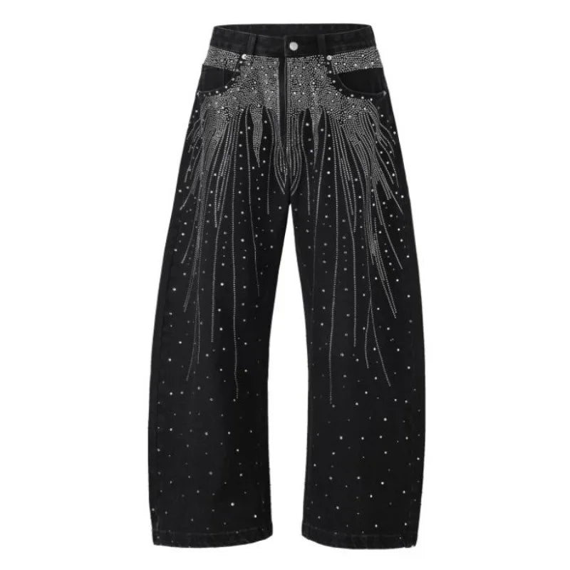 High Street Denim Pants Retro Full Diamond Stamping Hip-hop Loose Straight Leg Wide Leg Streetwear Jeans