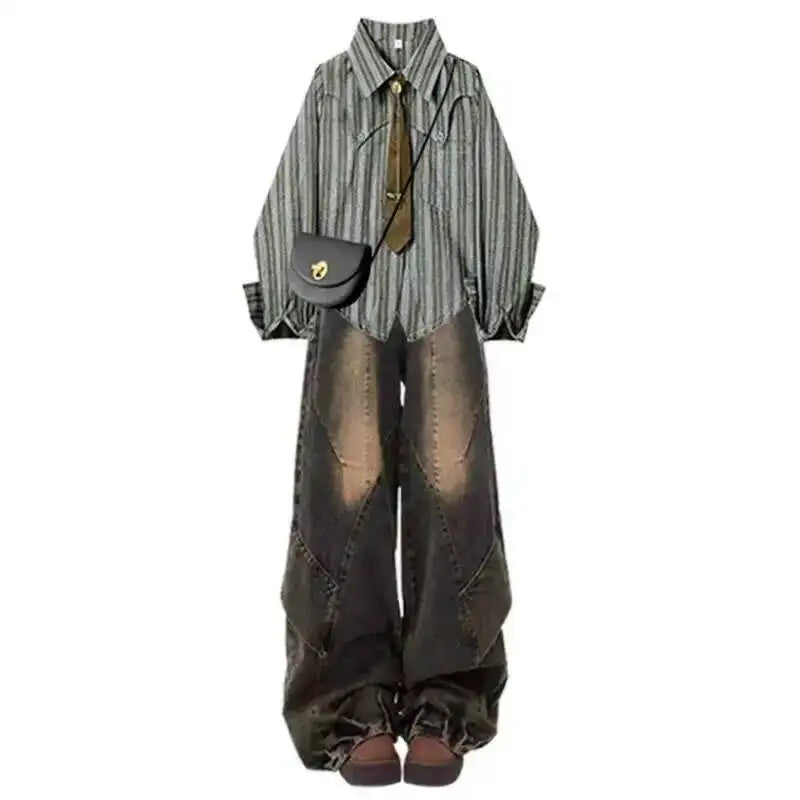 2PCS American Retro Pants Sets Striped Long Sleeve Casual Blouses Patchwork Button Punk Jeans Chic Two Piece Suits