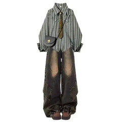 2PCS American Retro Pants Sets Striped Long Sleeve Casual Blouses Patchwork Button Punk Jeans Chic Two Piece Suits