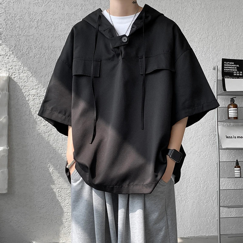 5 Colors Hooded T shirt Korean Half Sleeve Pullover Streetwear Loose T-shirt Tops Drawstring Clothing