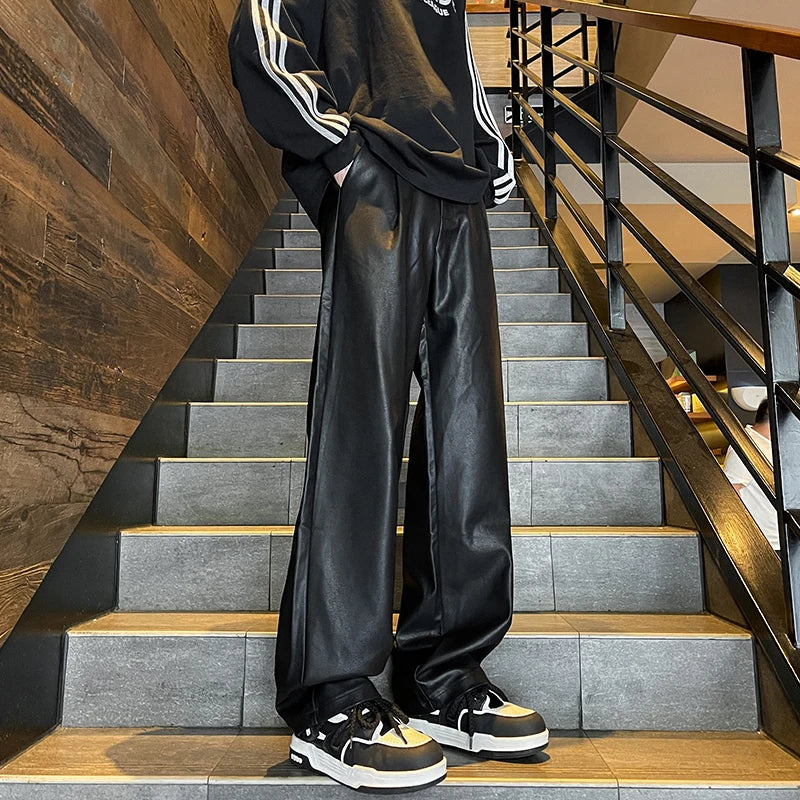 PU Leather Motorcycle Pants Coffee/Black Wide-leg Mopping Trousers All-match Windproof Plus Size 8XL-M