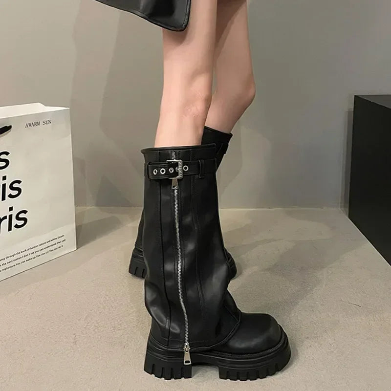 Biker Boots Belt Buckle Ladies Elegant Platform Long Pipe Booties Casual Knee High Booties