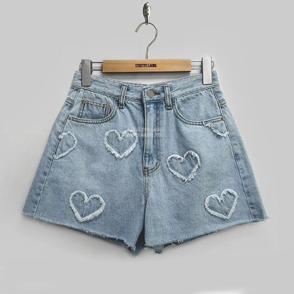 Korean Y2K High Waist Jorts LOVE Heart Shaped Pattern Denim Shorts Casual Jeans Chic Straight Washed Pants