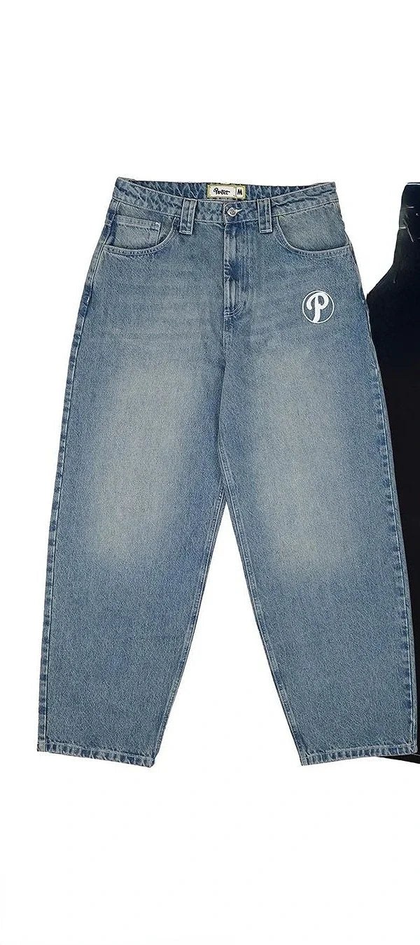 Solid Color Washed Geometry Floral Embroidery Element Baggy Wide-leg Jeans Commute Korean Style Straight-leg Jeans